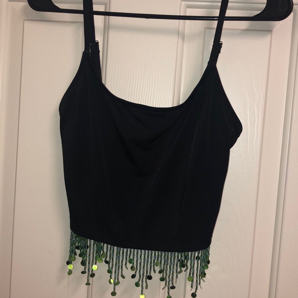 Black vintage Stretch top/ Summer crop top w tassels fringe